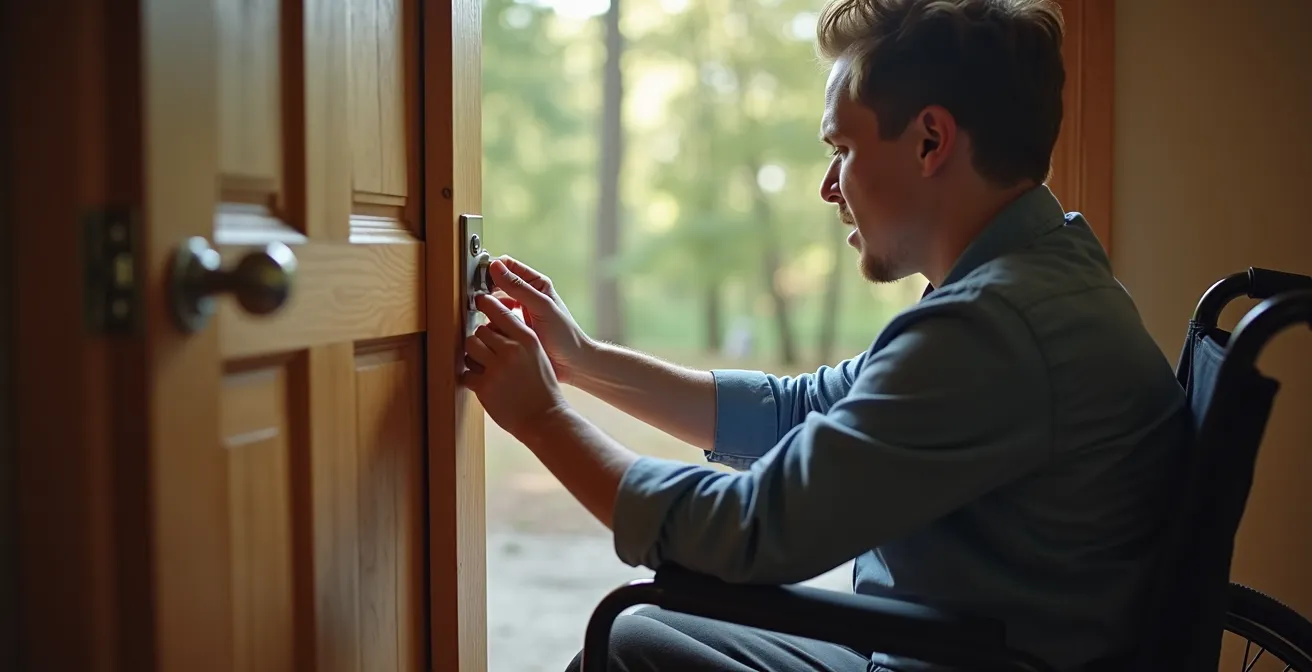 Personne analysant les détails d'accessibilité d'une douche de camping