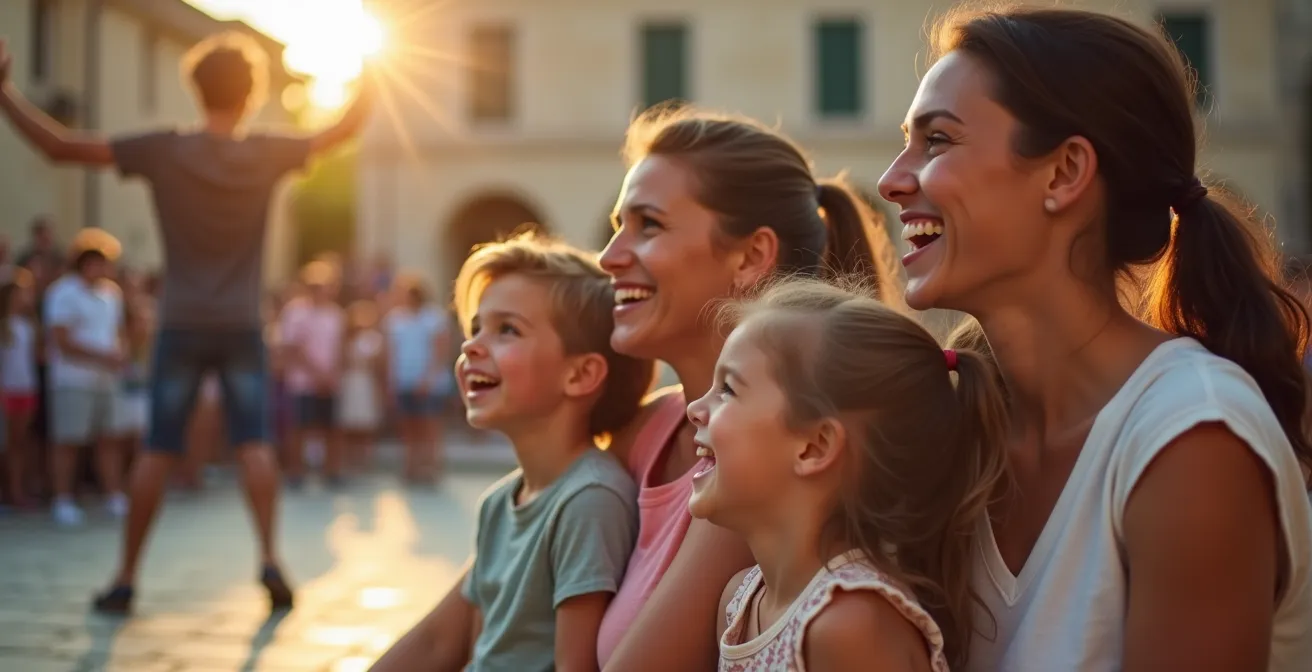 Famille assistant à un spectacle gratuit sur la place du village en été