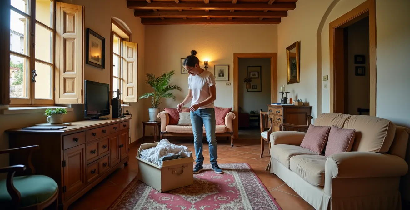 Intérieur typique d'un appartement provençal avec poutres apparentes et mobilier traditionnel