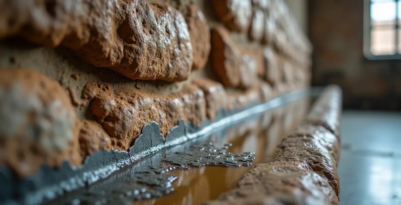 Installation artistique moderne dans une ancienne cuve de tannage en pierre avec jeu de lumières