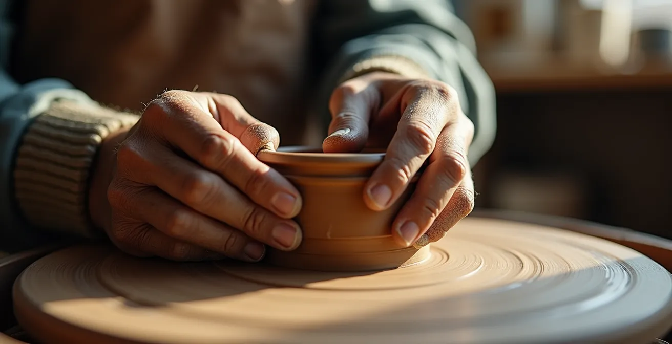 Artisan potier travaillant dans son atelier traditionnel avec ses créations uniques