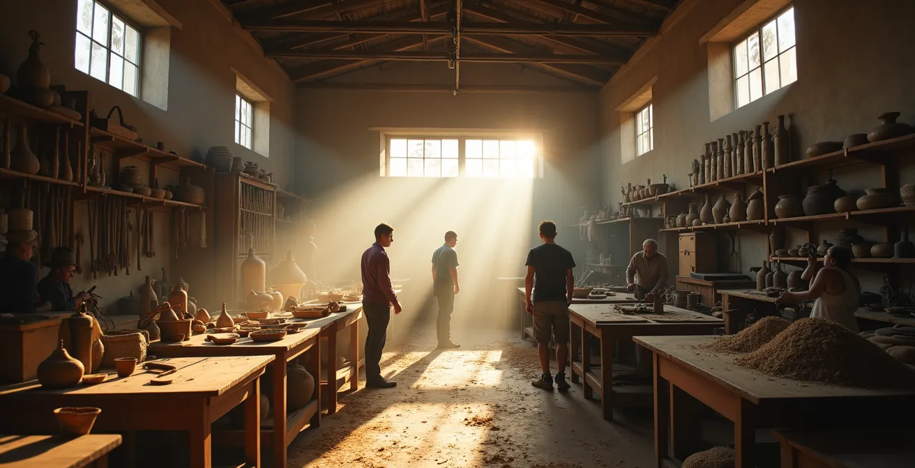 Atelier d'artisan authentique avec outils traditionnels et matières premières dans une ambiance de travail réel