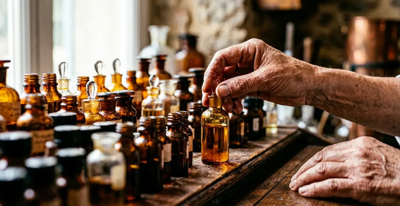 Mains d'expert manipulant délicatement des flacons d'essences dans un atelier de création de parfum à Grasse