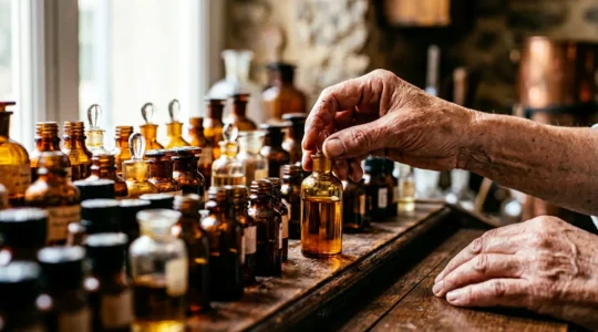 Mains d'expert manipulant délicatement des flacons d'essences dans un atelier de création de parfum à Grasse