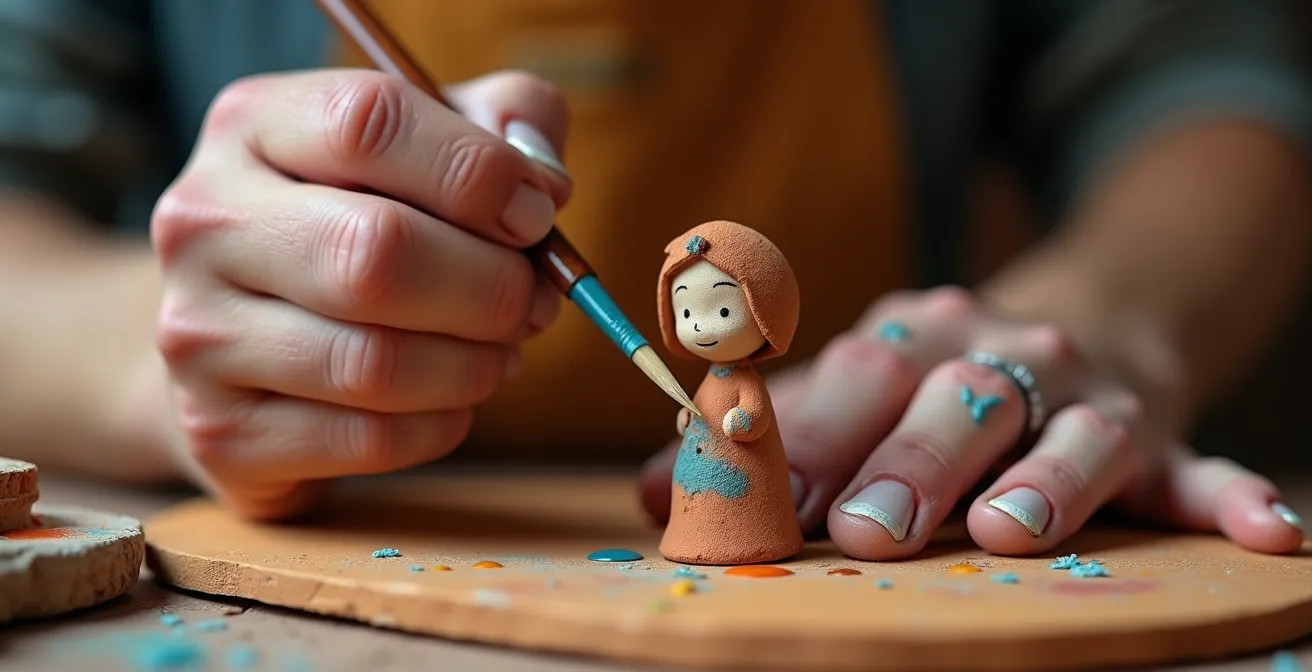 Artisan peignant minutieusement un santon dans son atelier provençal traditionnel