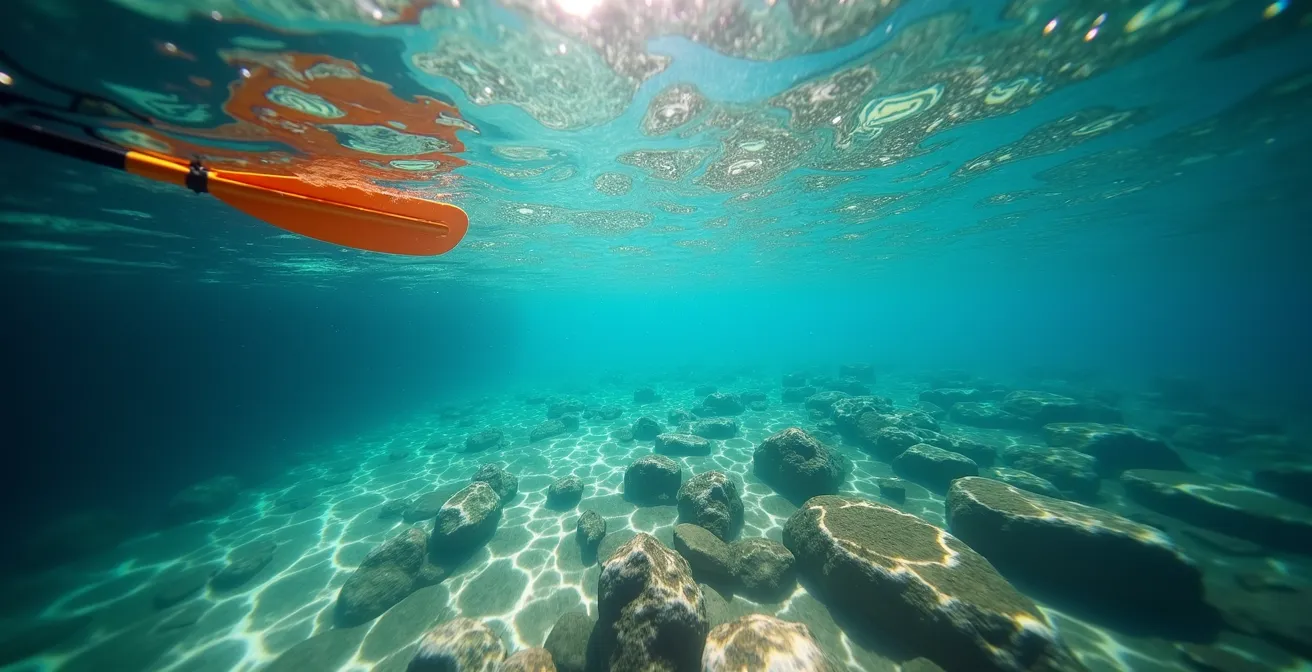 Calanque secrète de la Côte Bleue avec eau turquoise et kayak solitaire