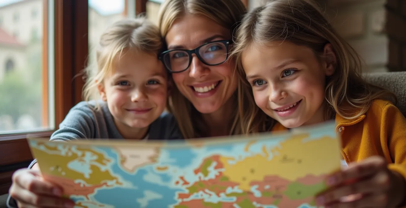 Famille consultant une carte touristique devant un monument historique