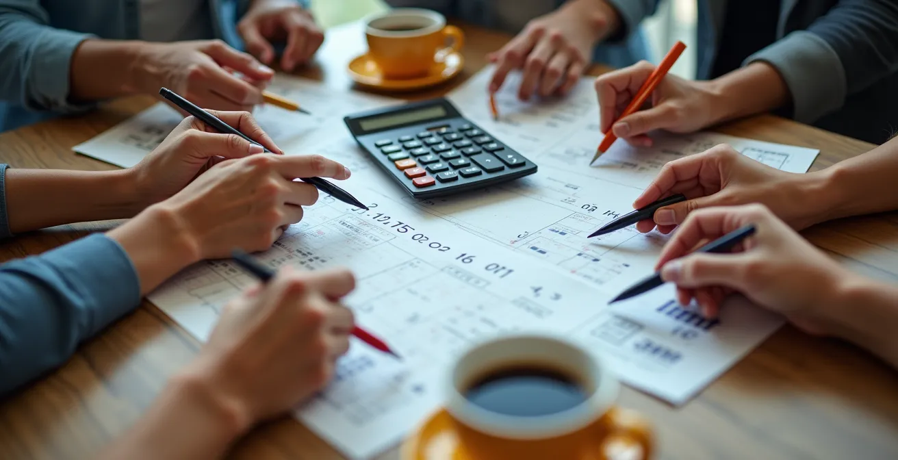 Mains de plusieurs personnes autour d'une table avec calculatrice et documents financiers flous pour planifier un budget voyage de groupe