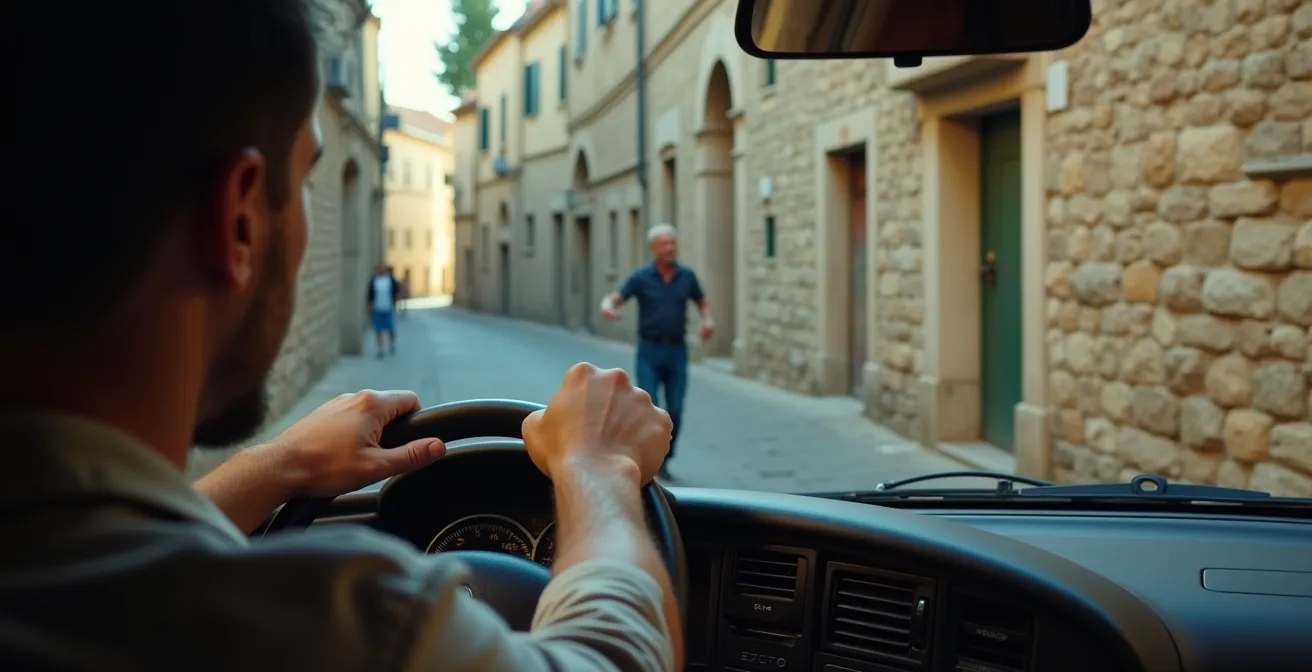 Camping-car coincé dans une ruelle médiévale étroite avec murs de pierre