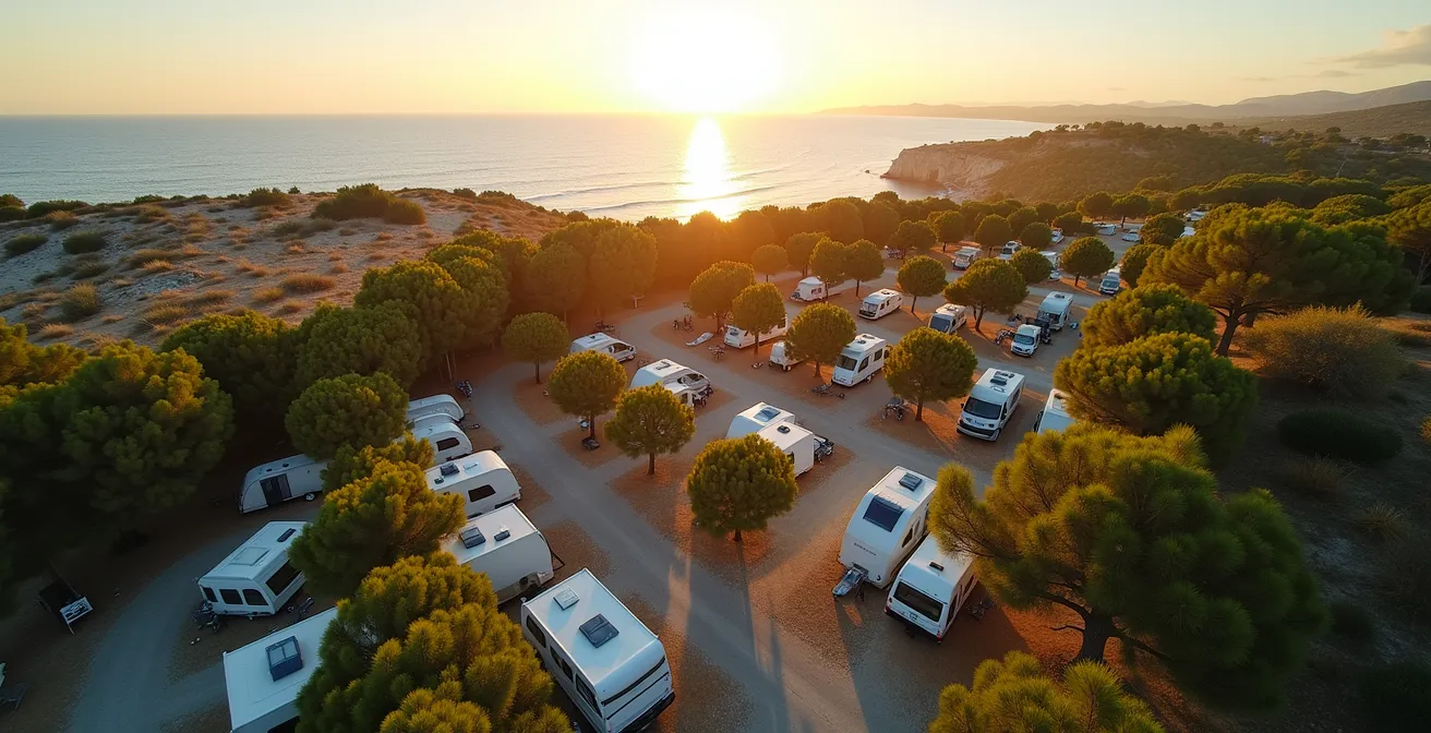 Vue aérienne minimaliste d'un camping organisé près de la côte méditerranéenne au coucher de soleil