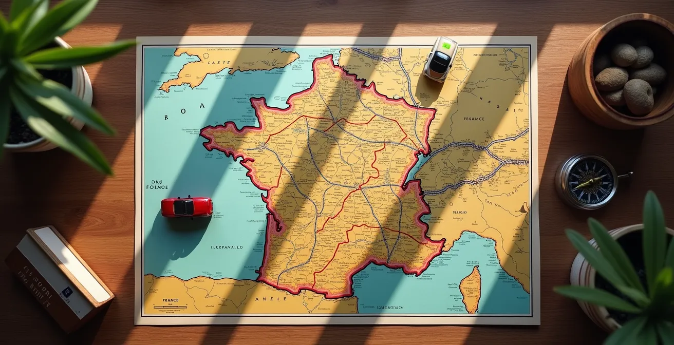 Carte topographique de France montrant le réseau de routes nationales avec points d'intérêt touristiques