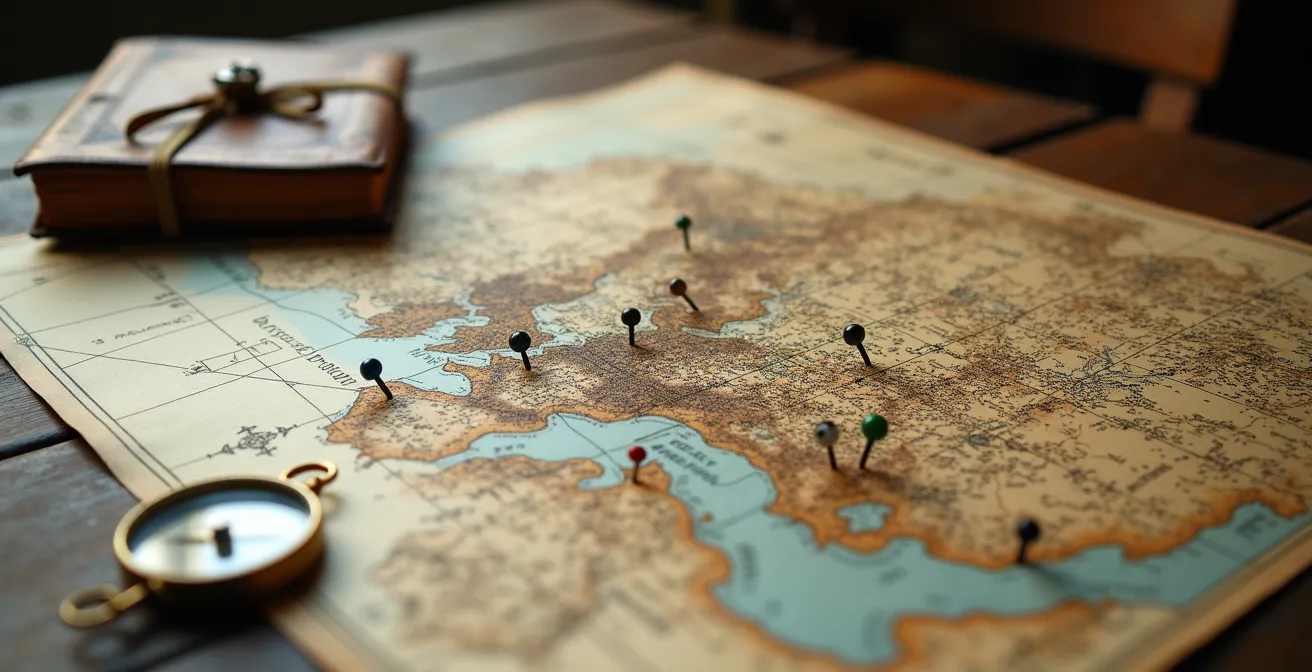 Vue aérienne d'une carte topographique ancienne avec épingles marquant des villages cachés en Europe