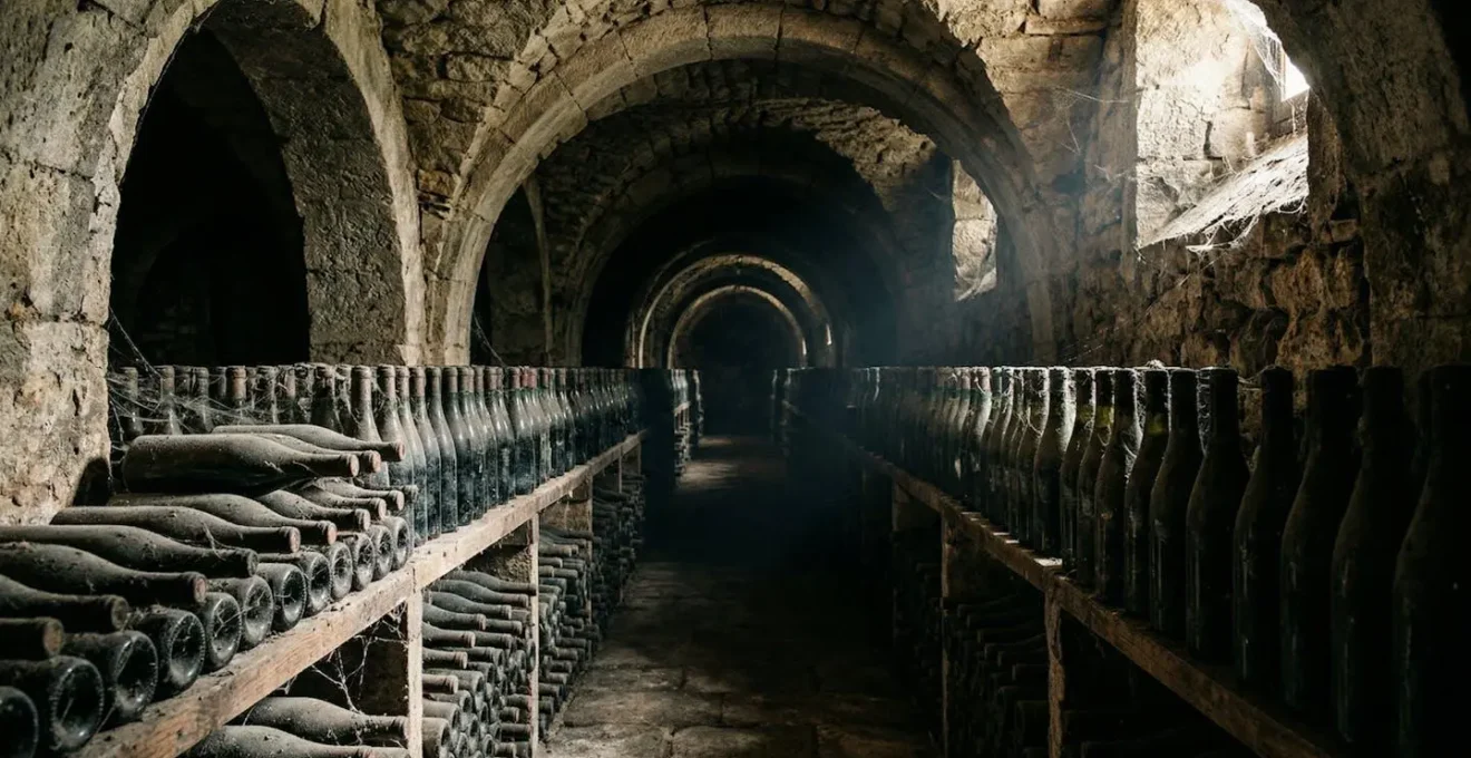 Cave voûtée avec rangées de bouteilles poussiéreuses et lumière tamisée