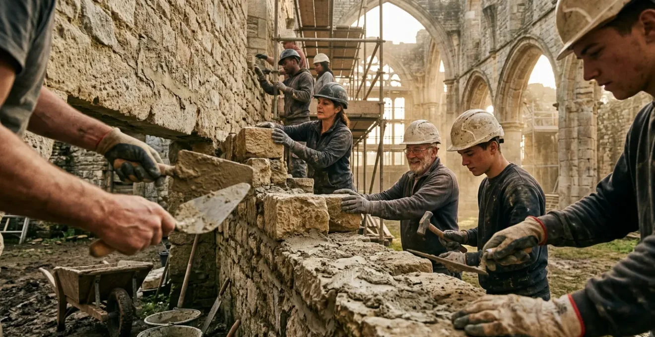 Bénévoles travaillant à la restauration d'un mur en pierre d'un monument historique