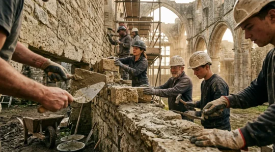 Bénévoles travaillant à la restauration d'un mur en pierre d'un monument historique