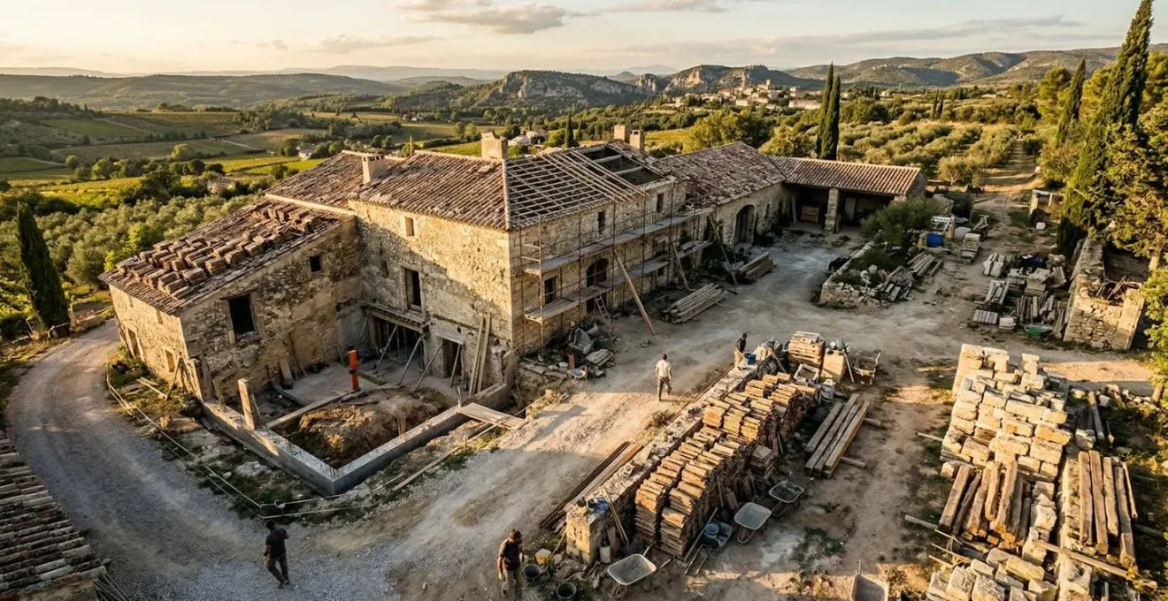 Vue d'ensemble d'un chantier de rénovation de mas avec différentes phases de travaux