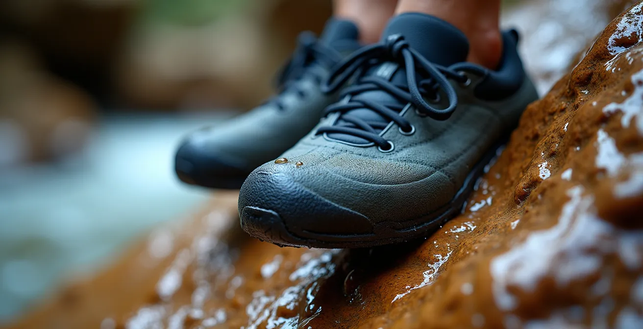 Gros plan macro sur semelle de chaussure de canyoning montrant la texture caoutchouc spécifique sur roche calcaire mouillée