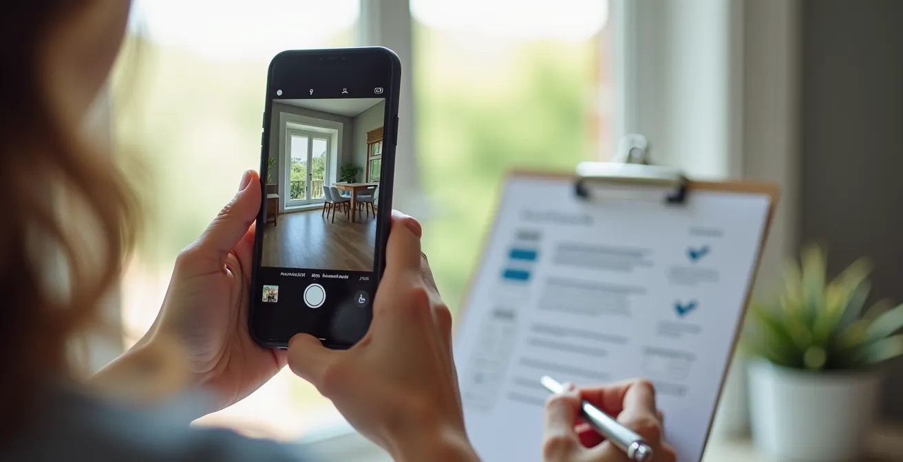 Main tenant un smartphone photographiant un intérieur de location avec une checklist en arrière-plan pour documenter l'état des lieux.