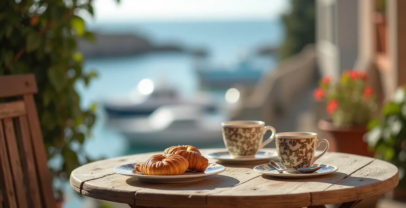 Terrasse d'appartement méditerranéen avec vue sur port de pêche traditionnel