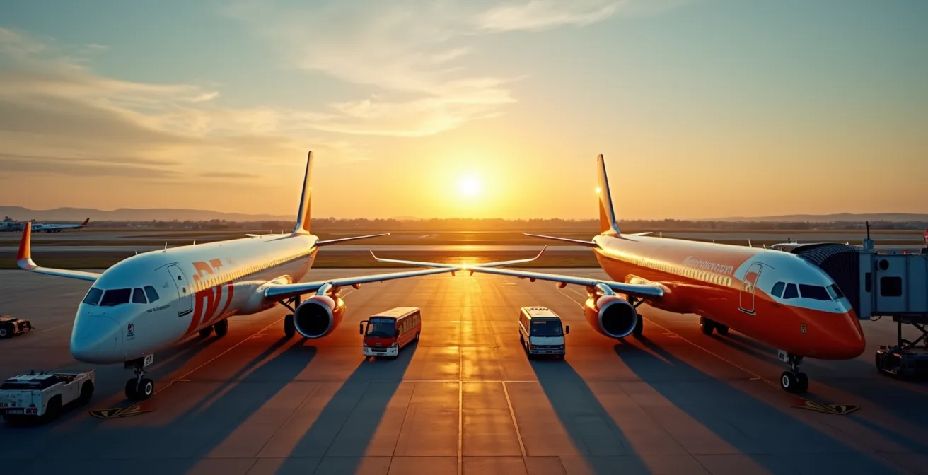 Avions Ryanair et EasyJet sur le tarmac de l'aéroport de Nice avec la Baie des Anges en arrière-plan