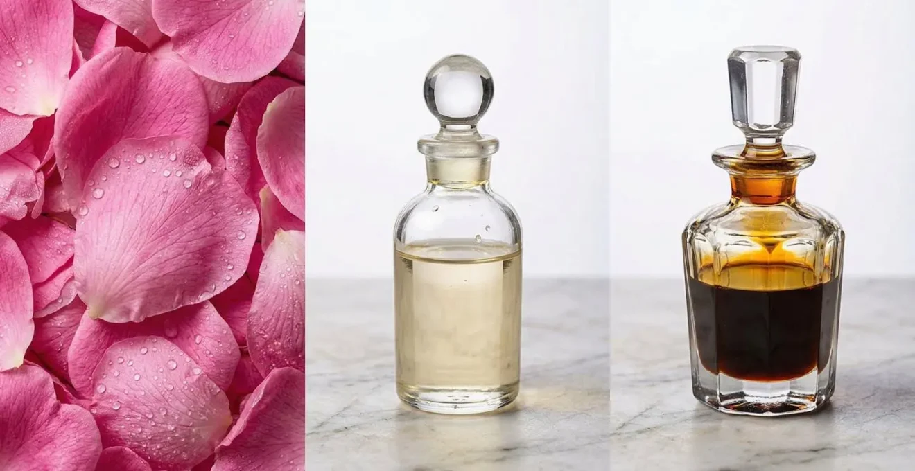 Comparaison visuelle entre une rose fraîche, de l'huile essentielle dorée et une absolue ambrée dans des flacons artisanaux