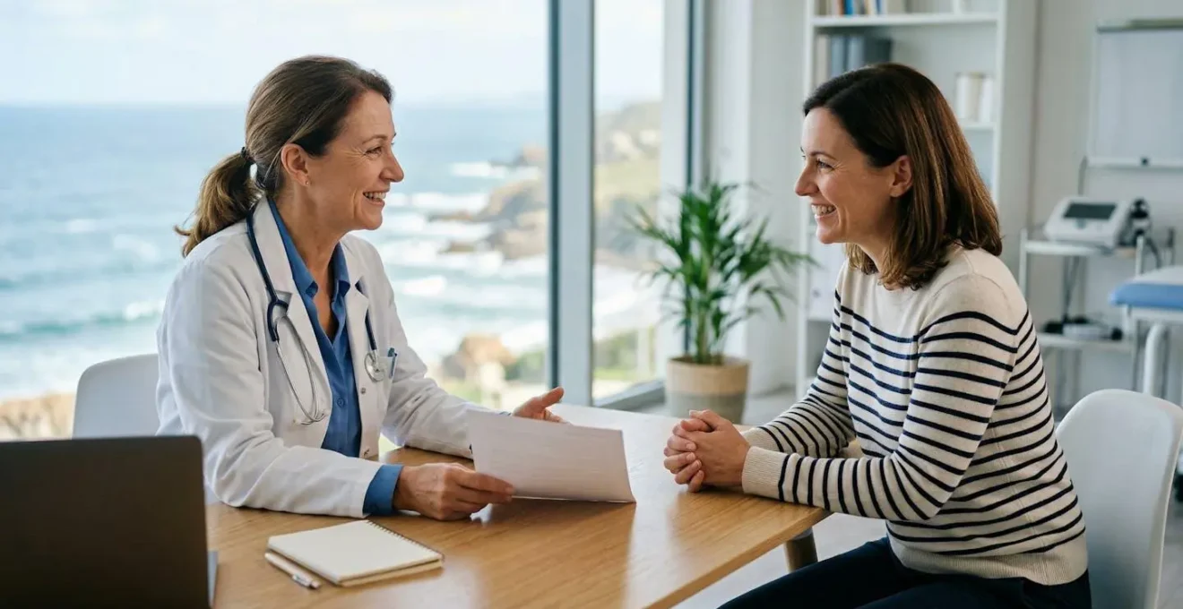 Médecin thermal examinant le dossier médical d'un patient dans un cabinet lumineux avec vue sur mer