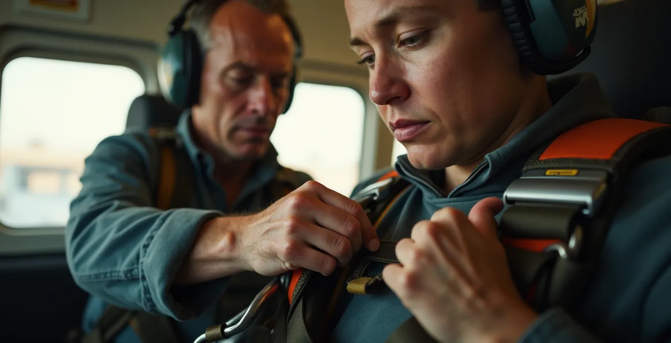 Moniteur de parachutisme vérifiant méticuleusement le harnais et l'équipement de sécurité avant un saut