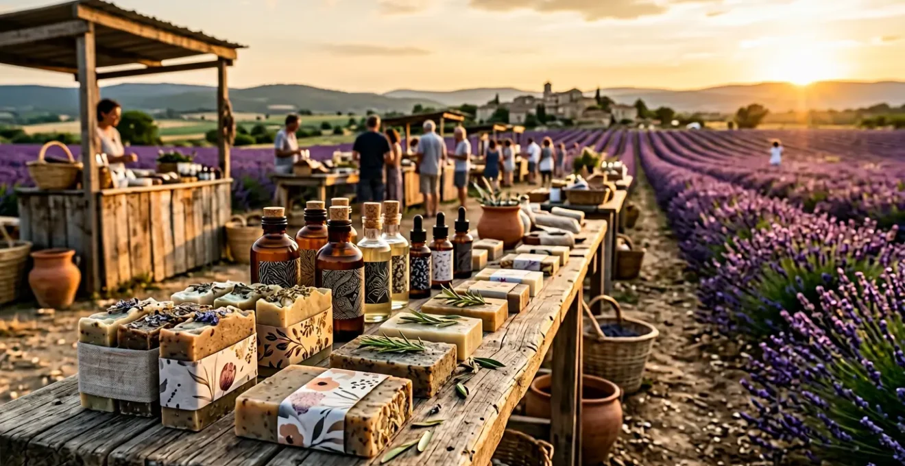 Marché provençal avec cosmétiques naturels et champs de lavande en arrière-plan