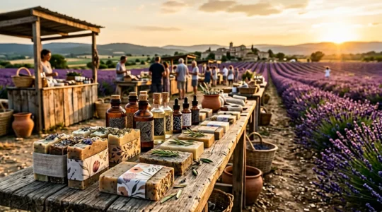 Marché provençal avec cosmétiques naturels et champs de lavande en arrière-plan