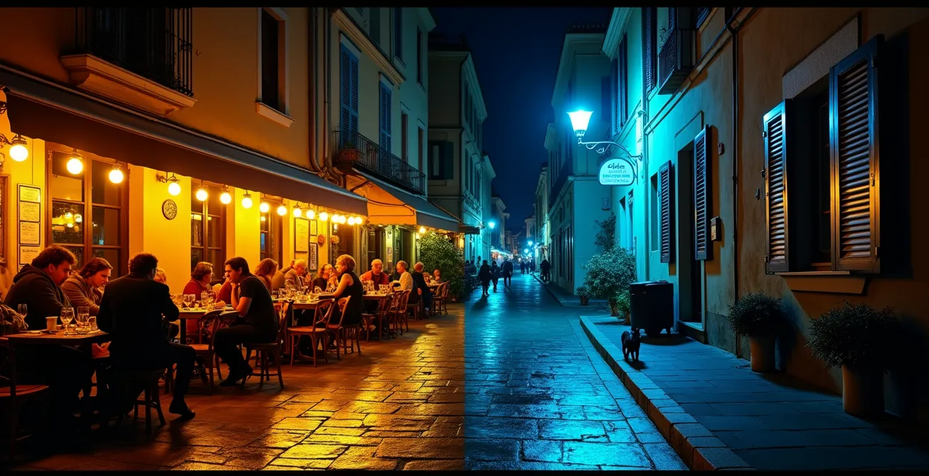 Terrasses animées du Cours Julien avec lumières chaleureuses contrastant avec les ruelles calmes du Panier
