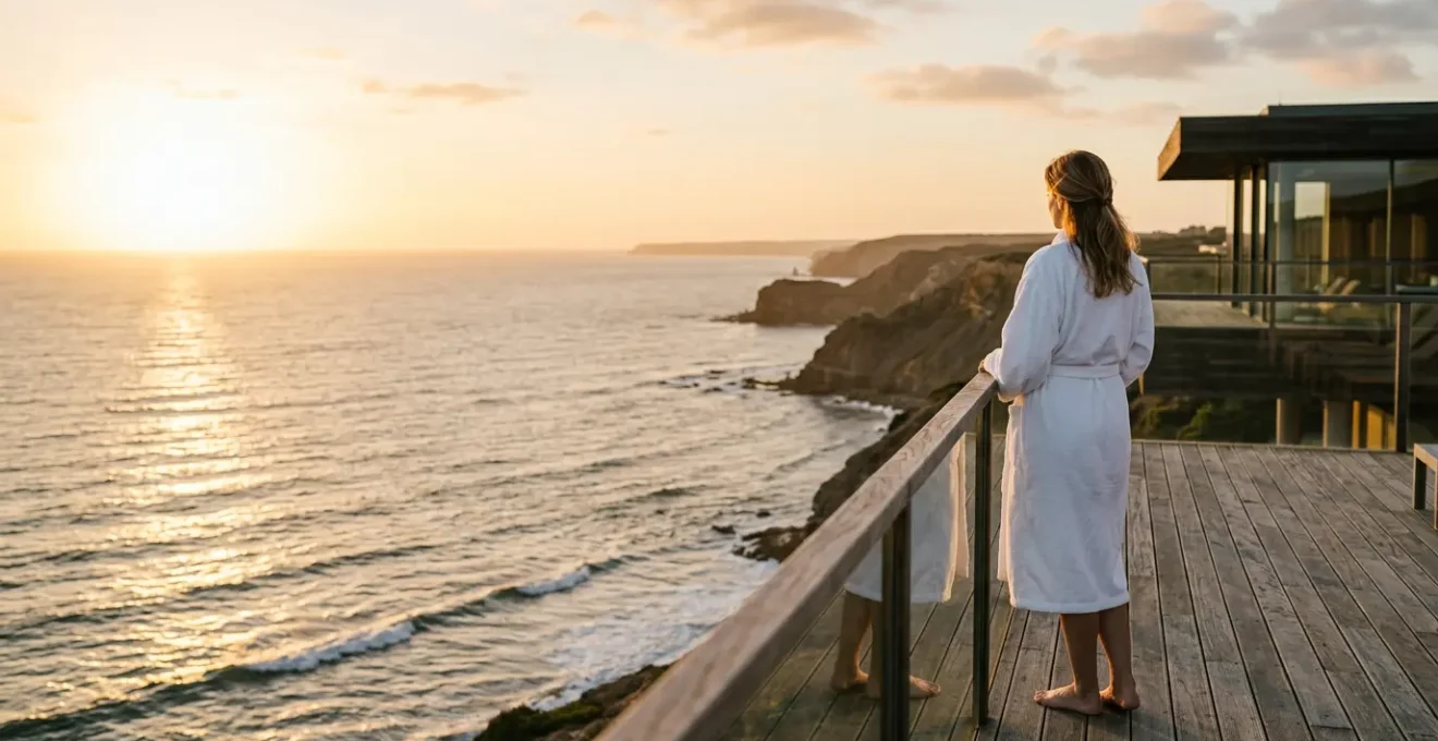 Personne en peignoir contemplant l'océan Atlantique depuis la terrasse d'un centre de thalasso au coucher du soleil