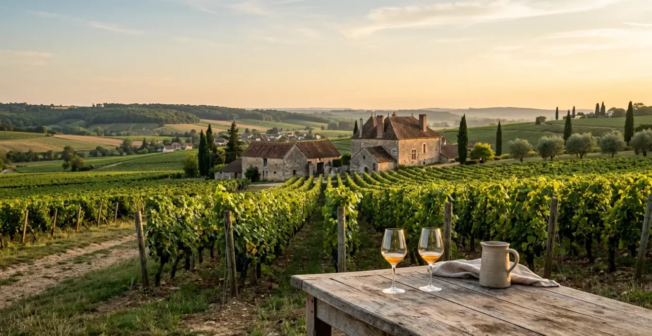 Vue immersive d'un domaine viticole au coucher du soleil avec vignes et cave traditionnelle