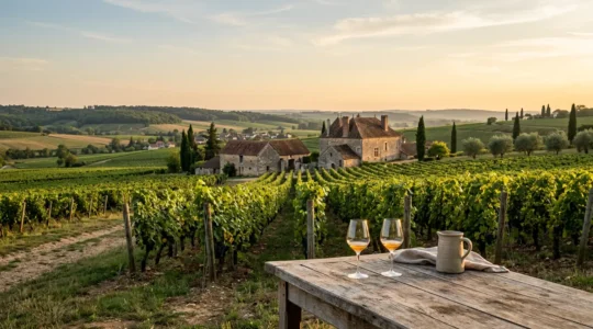 Vue immersive d'un domaine viticole au coucher du soleil avec vignes et cave traditionnelle