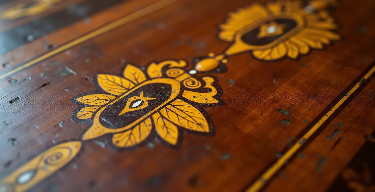 Gros plan sur les détails d'une marqueterie ancienne montrant les irrégularités artisanales