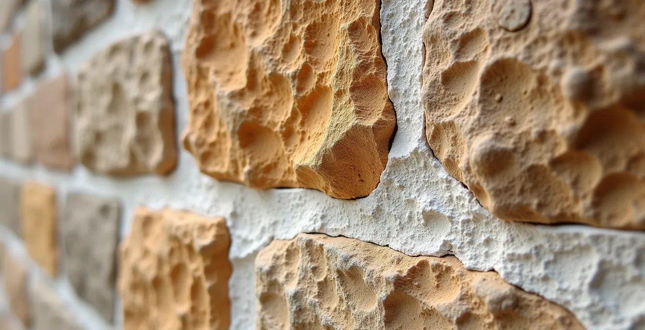 Détail en gros plan d'un mur en pierre authentique avec un joint à la chaux, montrant la texture poreuse et les variations de couleur de la pierre