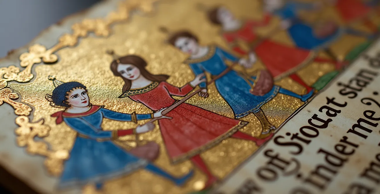 Détail d'une enluminure médiévale représentant une Danse macabre du XIVe siècle