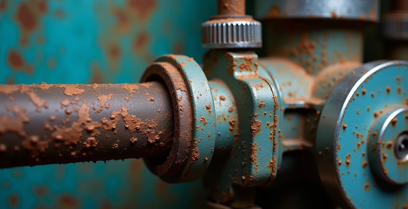 Vue macro sur système de filtration de piscine avec dépôts calcaires visibles