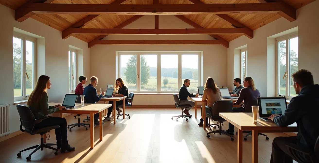 Vue grand angle d'un espace de coworking rural avec des travailleurs nomades dans une grange rénovée