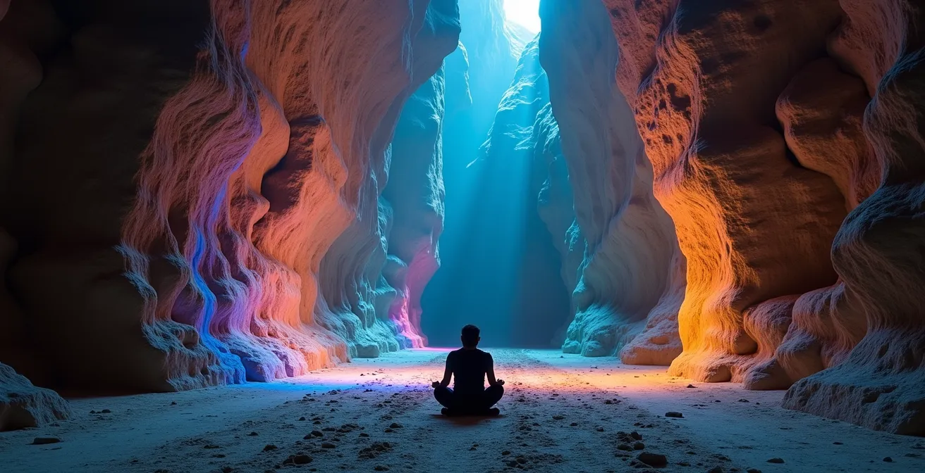 Visiteur solitaire assis au sol dans l'immensité des Carrières des Lumières