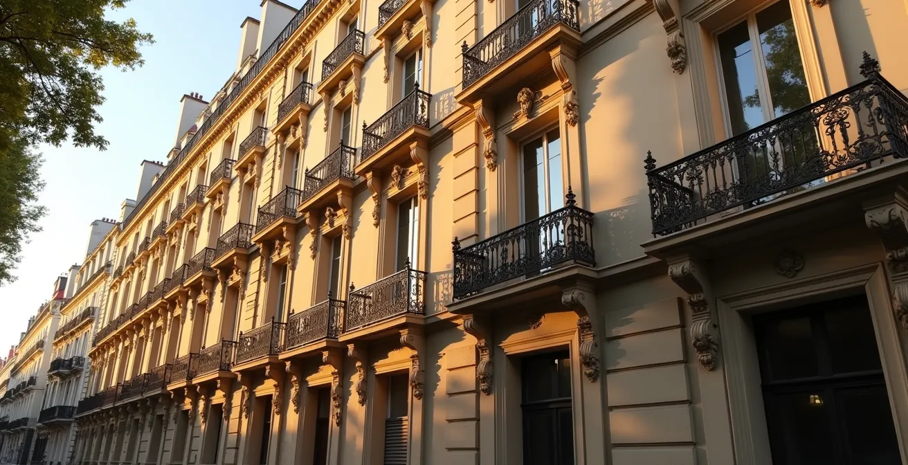 Façade d'un immeuble haussmannien parisien montrant l'impossibilité d'installer des unités de climatisation extérieures