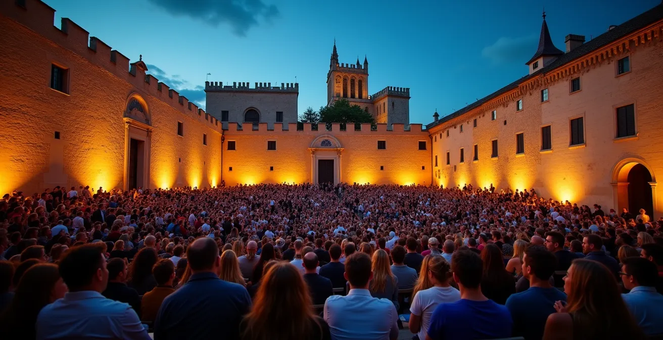 Foule de spectateurs installés dans la Cour d'honneur du Palais des Papes pendant le Festival d'Avignon