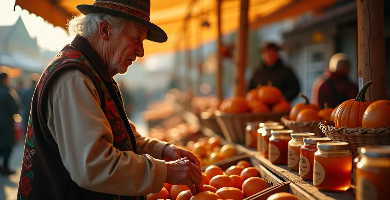 Marché traditionnel d'automne en Europe de l'Est avec vendeurs locaux et produits de la récolte