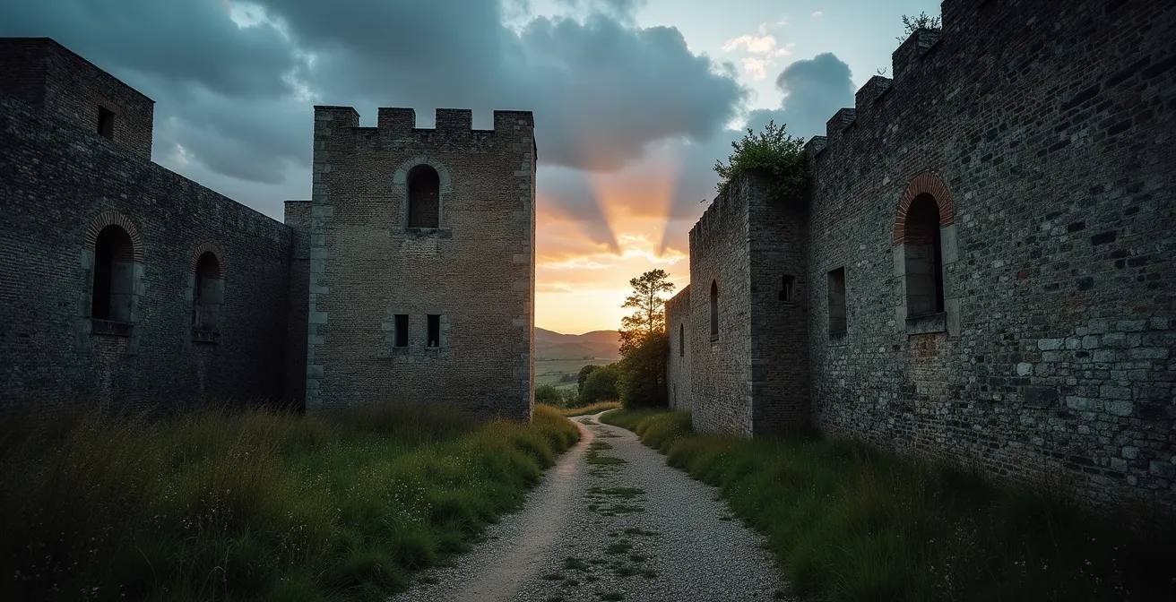 Fortifications médiévales du XIVe siècle montrant l'architecture défensive de la Guerre de Cent Ans