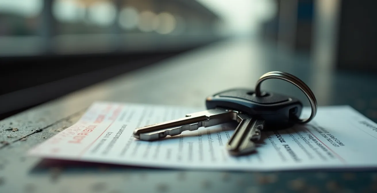 Vue d'une gare TGV moderne avec agence de location de voitures visible à proximité