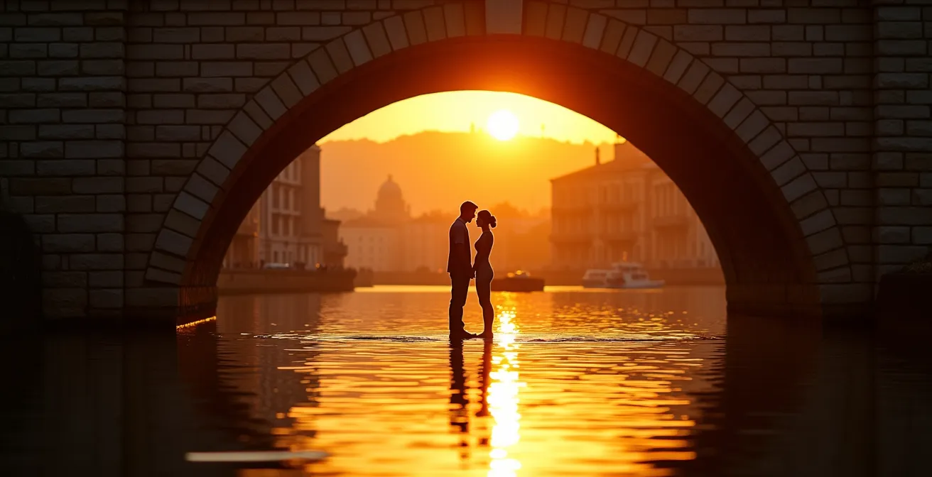 Silhouettes de couple sur un pont arqué au coucher de soleil avec reflets dorés dans l'eau
