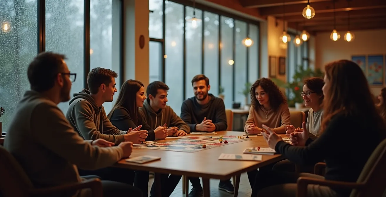 Groupe multigénérationnel souriant dans un espace intérieur chaleureux avec grandes baies vitrées montrant la pluie dehors