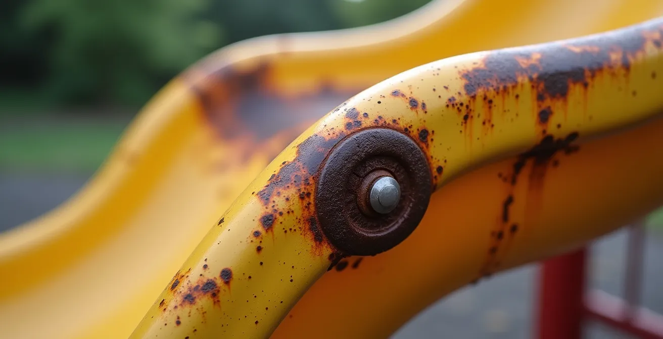 Inspection détaillée de points de rouille sur structure métallique de toboggan