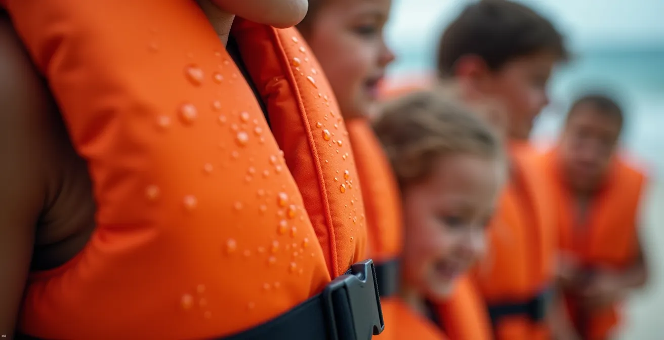 Famille vérifiant l'équipement de sécurité avant une location nautique