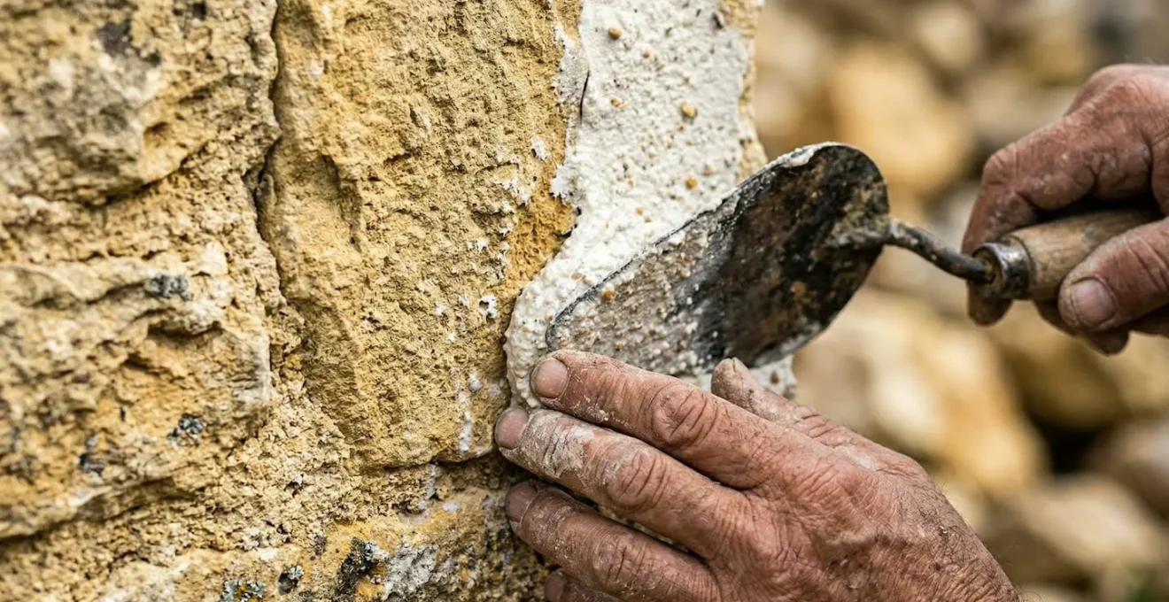 Gros plan sur les mains d'un artisan travaillant la chaux sur une pierre ancienne