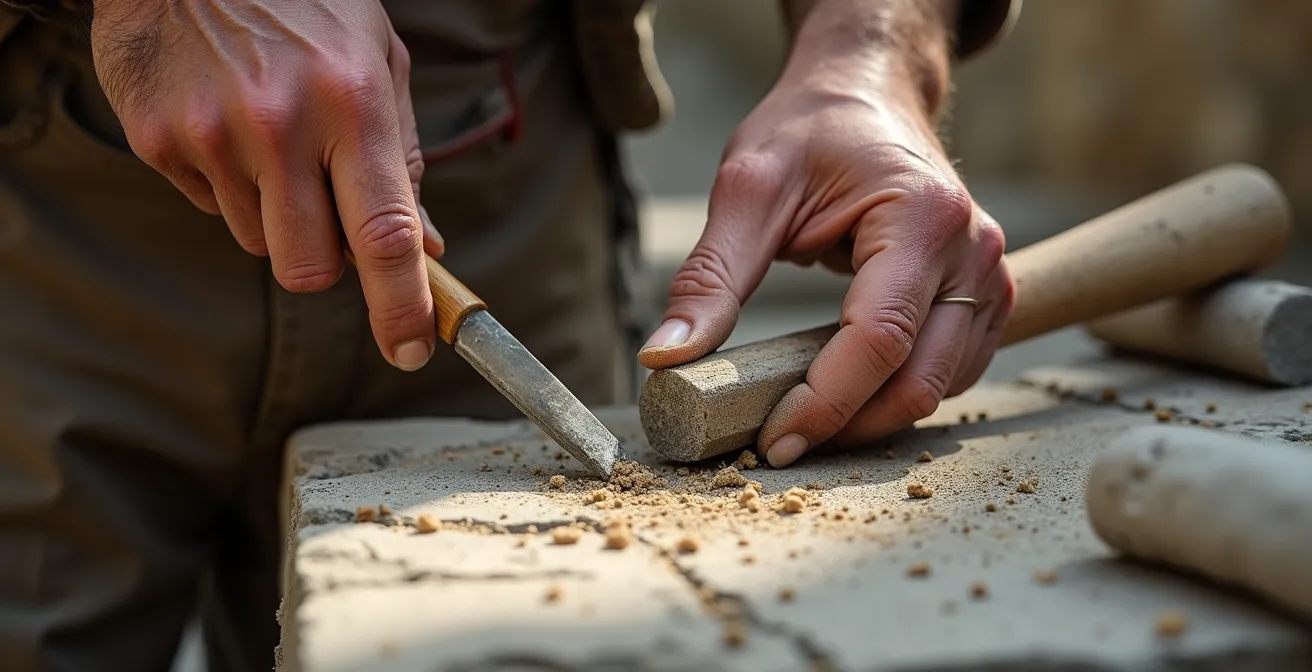 Mains travaillant la pierre lors d'un chantier de restauration patrimoniale
